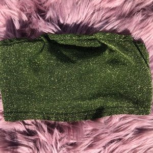 Green metallic tube top, sheer shirt. ✨✨